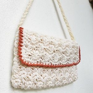Vintage White & Salmon Pink Macrame Purse